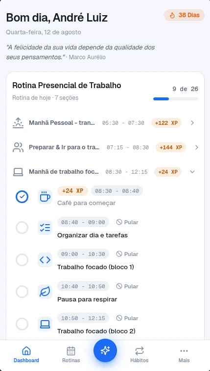 Beyou no celular, no tema claro: a mesma rotina do dia, com as seções abertas e a barra de navegação inferior.